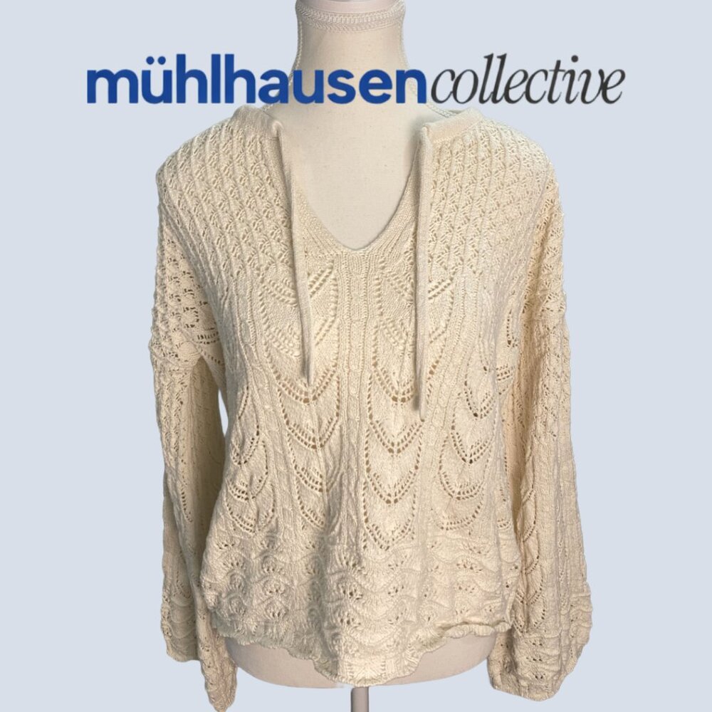 Lands’ End Cream Knit Sweater Small Boho Crochet Lightweight Cozy